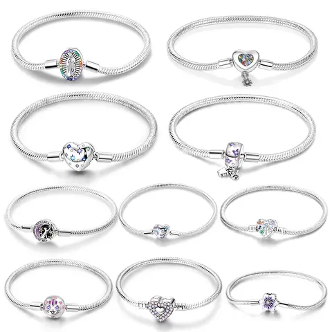 Silver 925 Bracelet Original Bracelets Colorful Zircon Heart Flower Cat Snake Chain For DIY Charms 17-20CM Luxury Jewelry Gifts