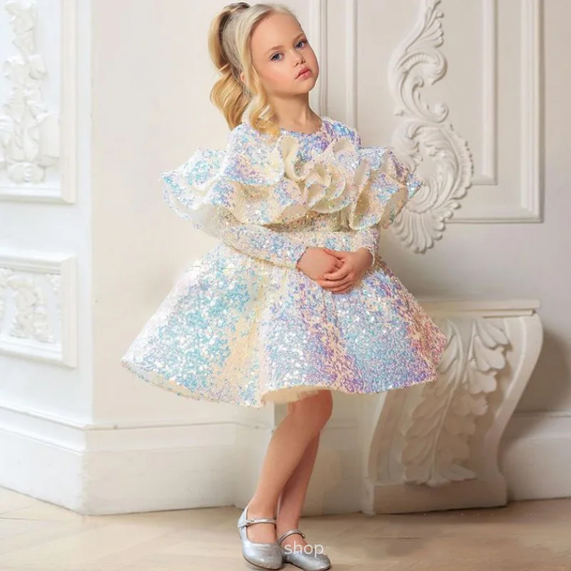 Baby Girls Sparkle Sequin Gown Lush Puffy Kids Birthday Party Dress Girls Evening Formal Dresses Ruffle Long Sleeve Winter