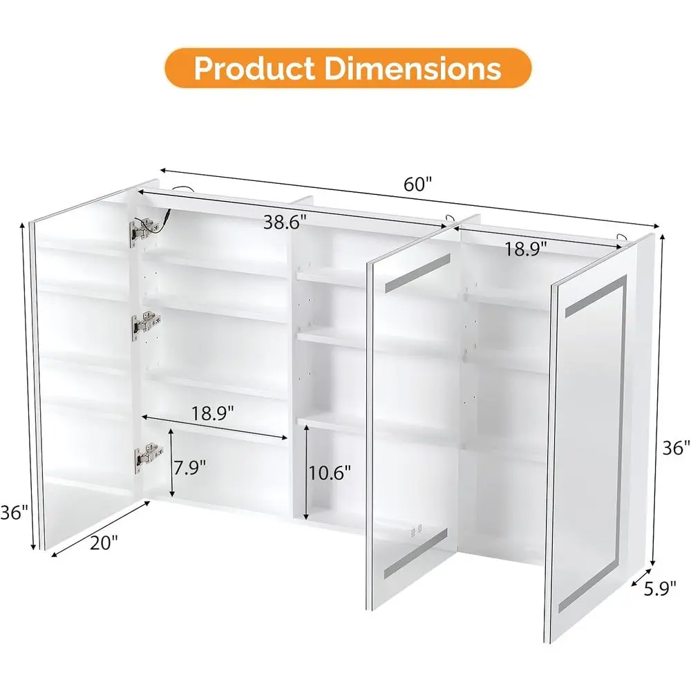 Extra Large 36 Lighted Mirrored Medicine Cabinet with 3 Doors, Storage, Dimmable Lighting, Built-in Outlet & USB