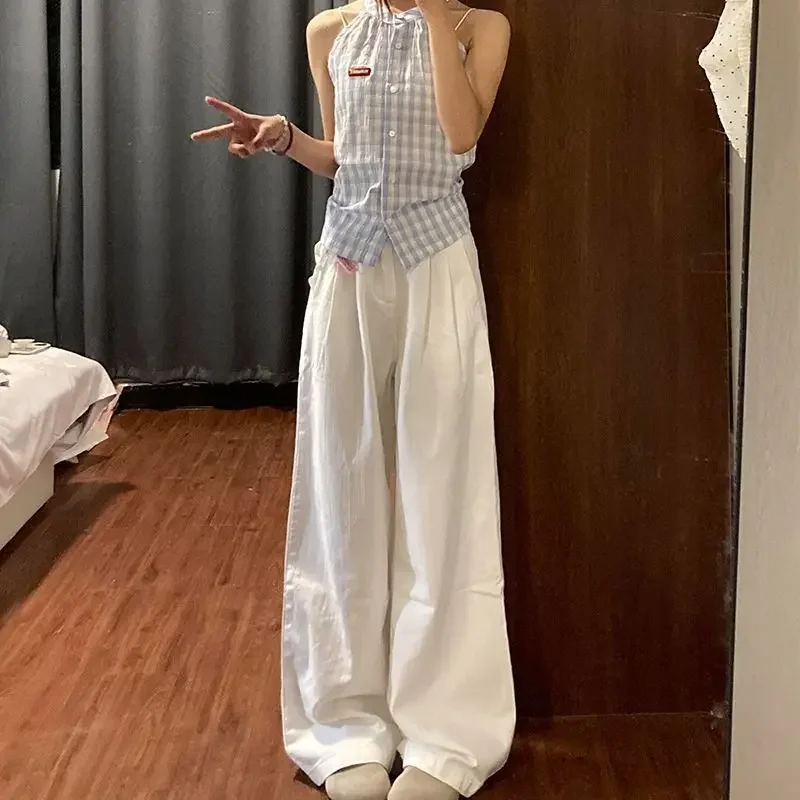 Simple Loose Slimming High Waist Wide Leg Pants Drape Casual Jeans Women Summer New