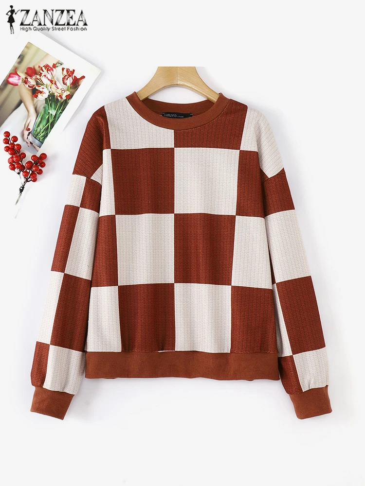 ZANZEA 2024 Autumn New Loose Hoodies Fashion Checked Sweater Women Dropped Long Sleeve Pullover Holiday Color Block Sweatshirt