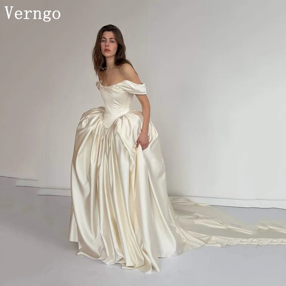 Verngo lvory Satin Wedding Dress Detectable Sleeves A Line Waist-cinching Modern Bridal Gown Elegant Bride Dress Customized