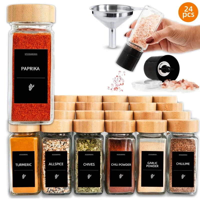 24 glass spice jars with labels, bamboo spice jar set, 4oz seasoning containers.