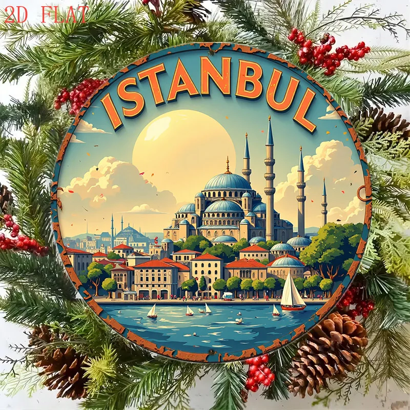 لوحة فنية جدارية مسطحة ثنائية الأبعاد، قطعة واحدة من اسطنبول سيتي سكيب - لافتة ألومنيوم مستديرة مقاس 8 بوصات مع تصميم قصر سعيا وصوفيا توبكابي، ألوان نابضة بالحياة #5