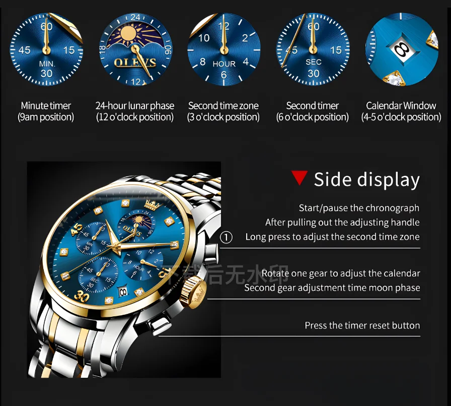 OLEVS 3652 Mens Watch Brand Multifunctional Chronograph Quartz Watch Stainless steel Waterproof Luminous date Watch For Man