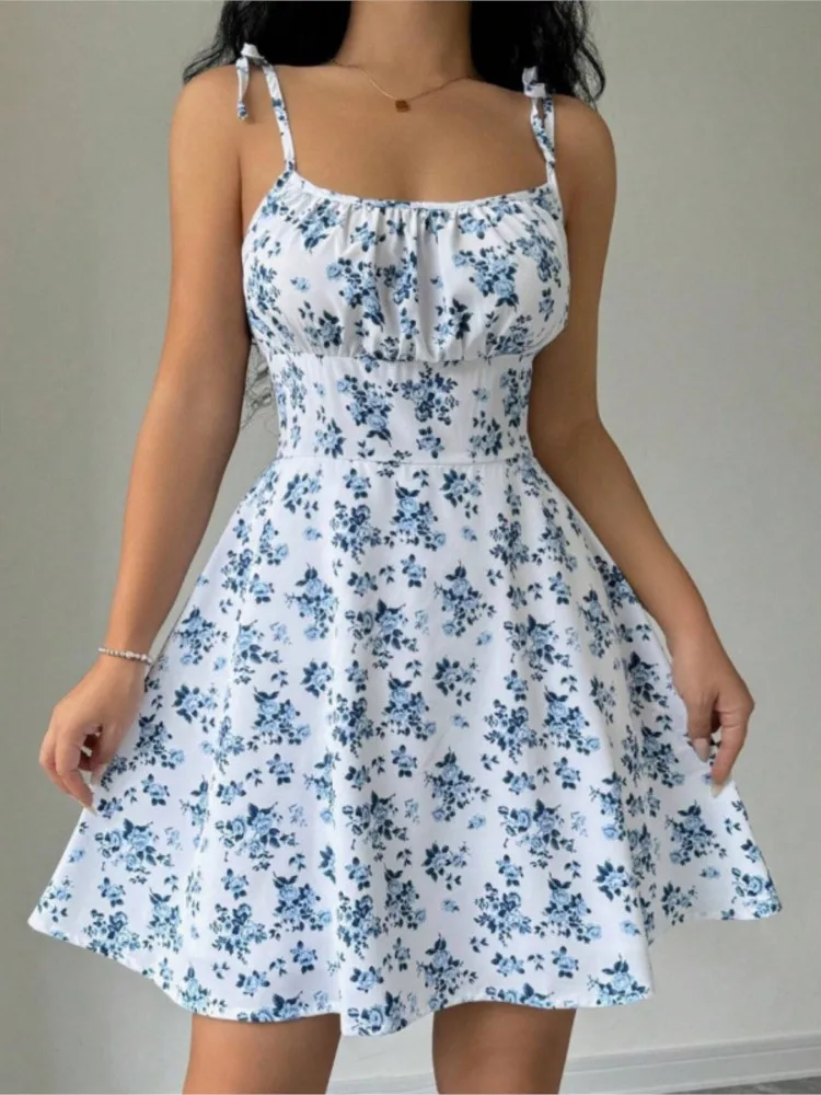 

2026 Summer Dress Vestidos Dresses Woman Spaghetti Strap Floral Print Square Collar Slim Fresh Sweet Pastoral Style Off Shoulder