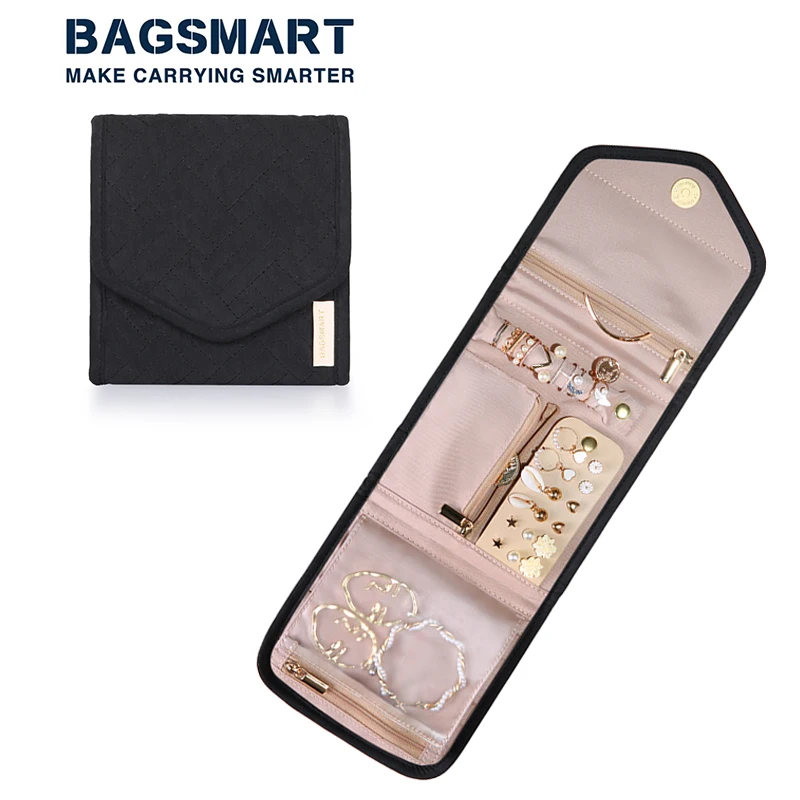 BAGSMART-estuche organizador de joyas de viaje para mujer, rollo de joyería plegable para viaje, anillos, collares, pendientes y pulseras