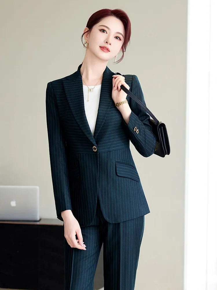 Pop Caramel Green Striped Ladies Pant Suit 2025 Autumn Women Business Work Wear Single Button Jacket And Trouser Blazer 2 Piece