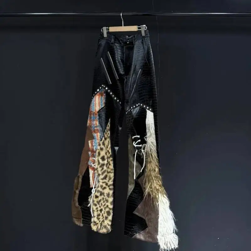 Male High Street Trousers PU Leather Spliced Leopard Print Loose Straight-leg Drawstring Zipper Autumn Pants XS67