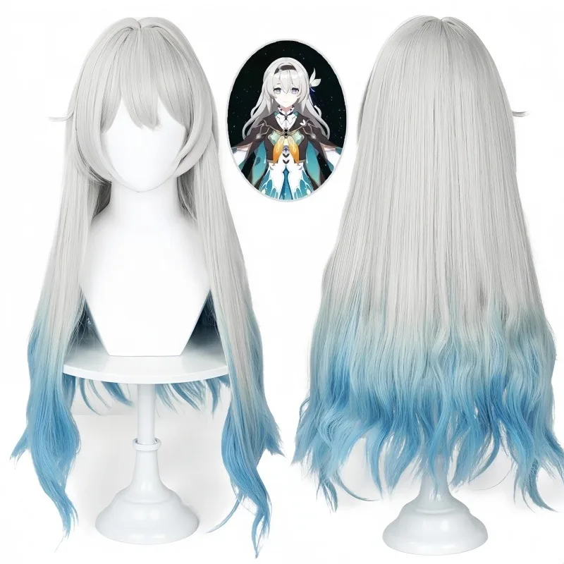 لعبة شعر مستعار Honkai Star Star Firefly ، شعر مستعار طويل متموج مع الانفجارات للهالويين ، عرض هزلي ، شعر أبيض وأزرق