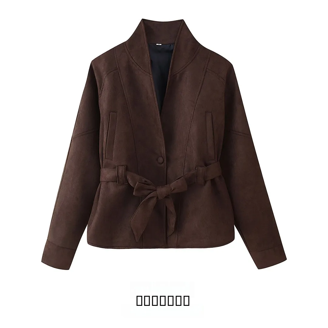 

KASLEAD New Women's Faion Suede Jaet Long Sve Waist Cinched Turn-down Collar Windproof ort Coat Polyester Fiber