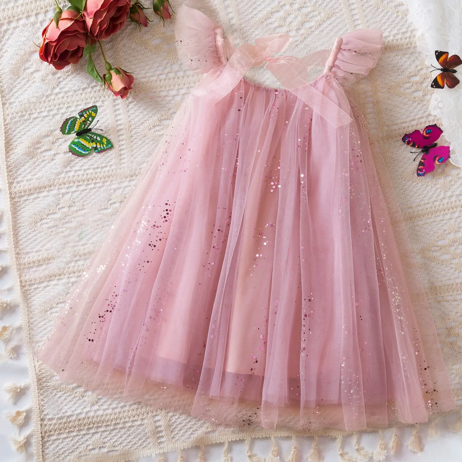 2025 Summer New Spring Girl Dress Elegant Starry Sky Mesh Princess Dress Girl Flying Sleeve Dress