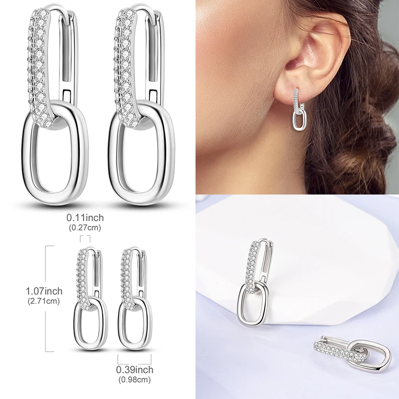 Hoop Earring 925 Sterling Silver U Shape Double Ring Drop Earring For Woman Trendy Jewelry