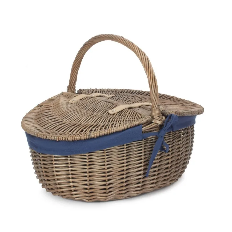 Red hamper, elegant antique grey rose lining, oval picnic basket, stylish outdoor dining adventure accessory