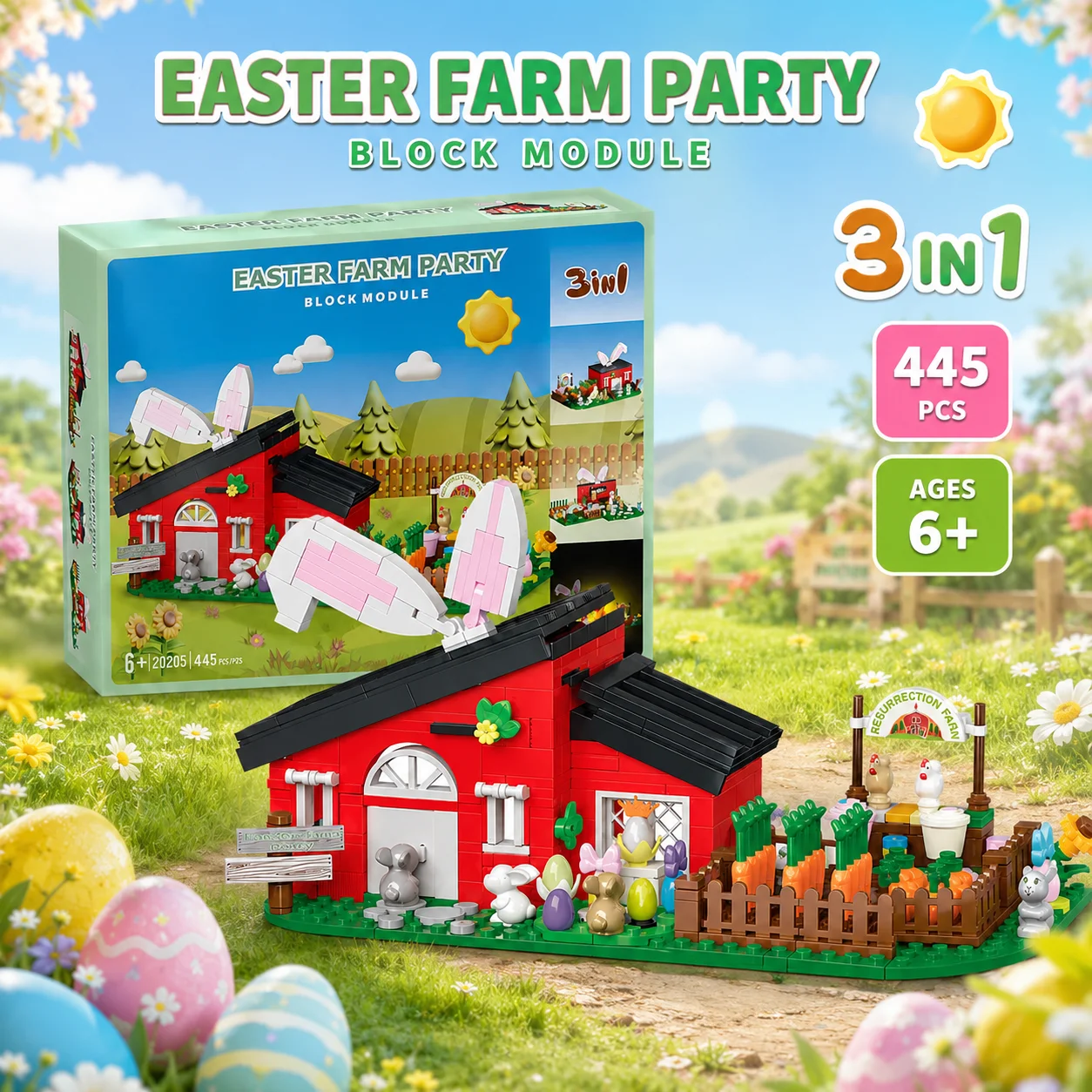 

Easter Farm Party Building Blocks Set 445PCS 3-in-1 Red Farmhouse Bunny Chicken Egg Garden Scene with Light Toy English Version