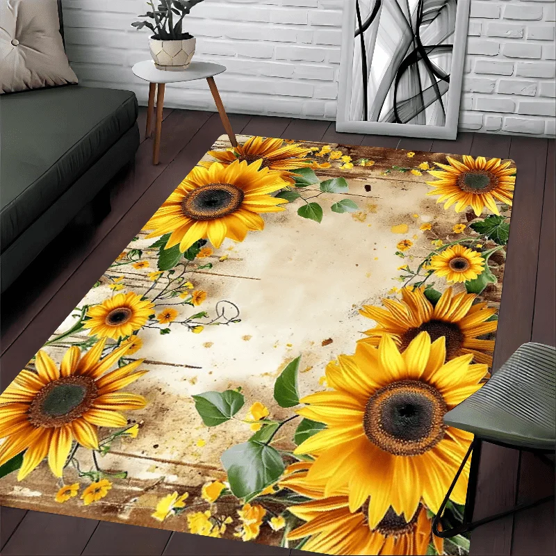 Sunflower Design Area Rug, Comfortable Indoor Outdoor Floor Mat for Living Room Kitchen Office, Floral Home Holiday Decoration