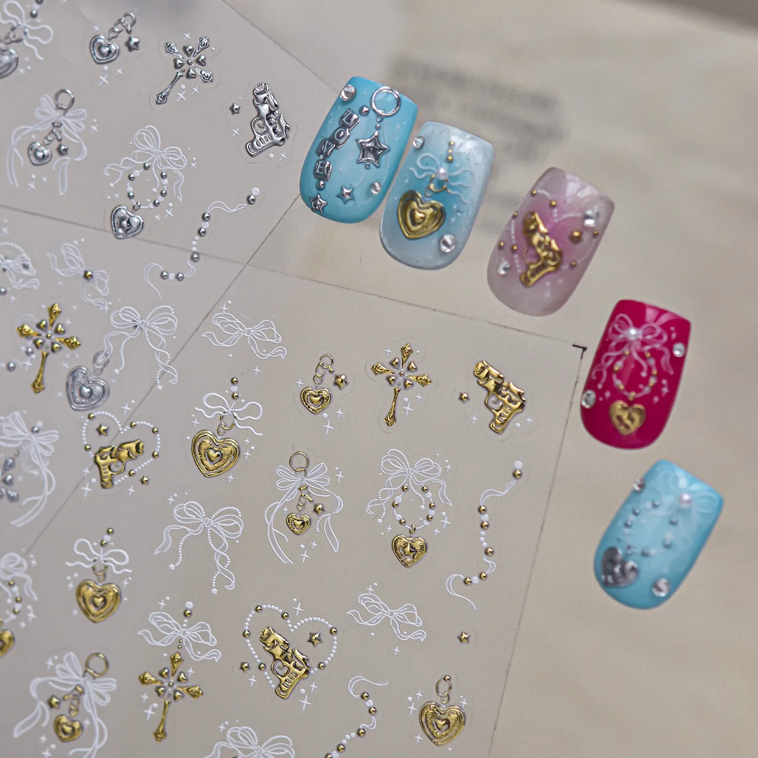 Metal Bowknot Pendant Heart Key Strawberry Letter Chain Star Bow 5D Hot Silver Gold Stamping Nail Stickers Self Adhesive Decal