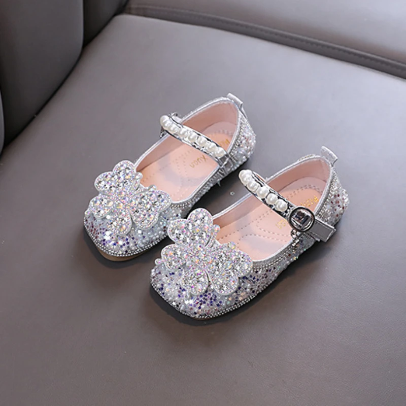 Girls Princess Leather Shoes Sweet Rhinestone Butterfly Kids Causal Wedding Party Shoes Fashion Shallow Sequins Children Shoes