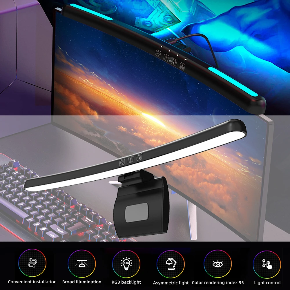 Led Monitor Lights Bar Touch Switch Curved RGB Screen Hanging Light Dimming Desk Lamp for Work Laptop Computer Led Light