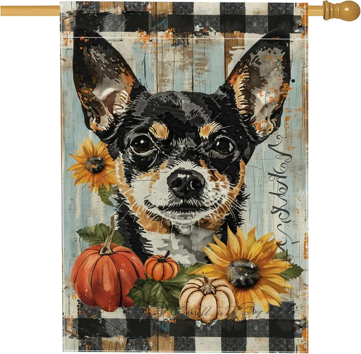Autumn Harvest Dog Garden Flag, Black and Tan Chihuahua Sunflower Home Decor Banner, Double Sided Burlap Outdoor Lawn Decora yyi