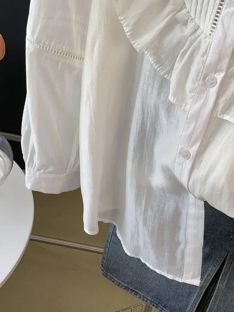 Blouse for Women Pleated Ruffled White Shirts 2024 Blusas Mujer De Moda O-neck Long Sleeve Sweet Tops Summer Thin Blouses