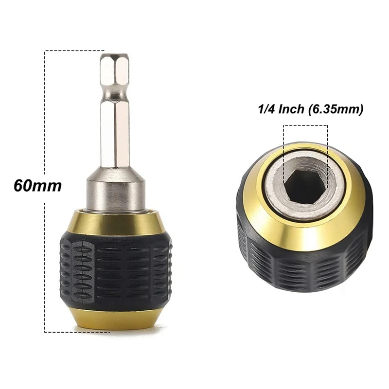 2 Pcs 60Mm Drill Chuck Screwdriver Impact Driver Adaptor 1/4Inch Hex Shank Drill Bit Tool Quick Change Convertor Adapter