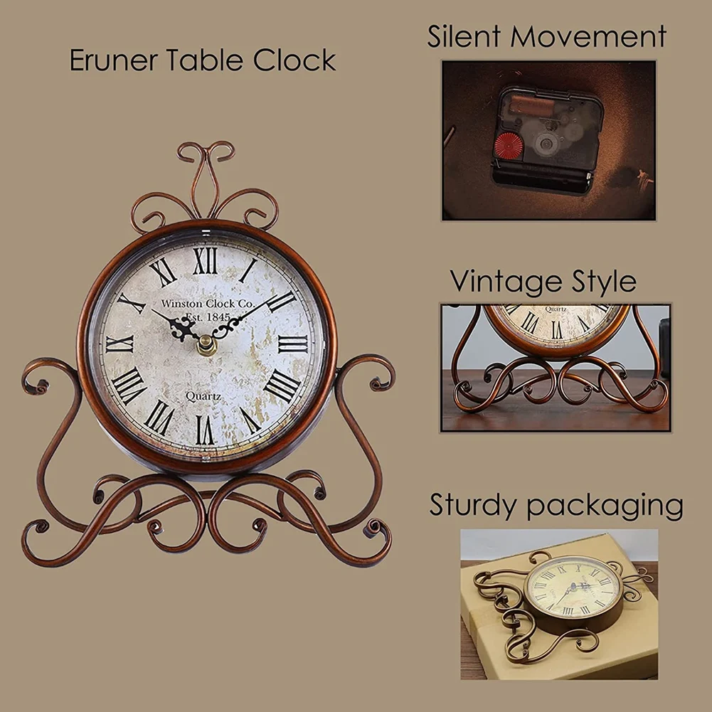 A32I Vintage Table Clock Antique Mantel Clock Battery Operated Non-Ticking Retro Clock Small Desk Clock for Home
