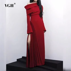 VGH Elegant Patchwork Folds Solid Dress For Women Diagonal Collar Flare Sleeve Backless High Waist Slimming Dresses Female New