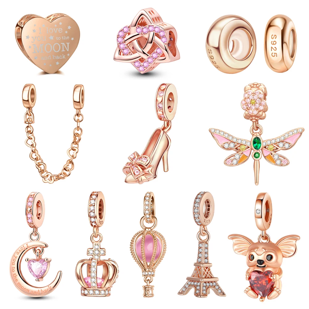 

925 Sterling Silver Heart Shape Safety Chain & Moon Dangle Charm Fits Bracelet Exquisite Necklace Rose Gold Pendant Gifts