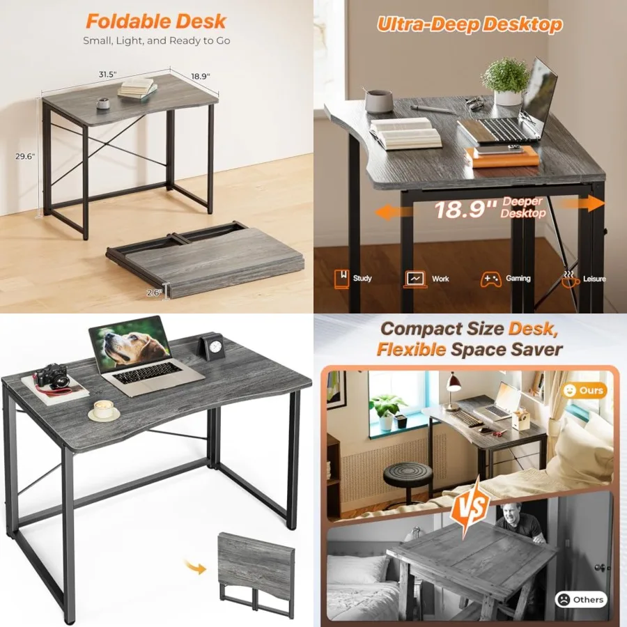 

Folding Desk for Small Spaces, 31.5 Inch Foldable Computer Table, for Home Office, Study, Bedroom, Dorm, Space Saving, Small Wr