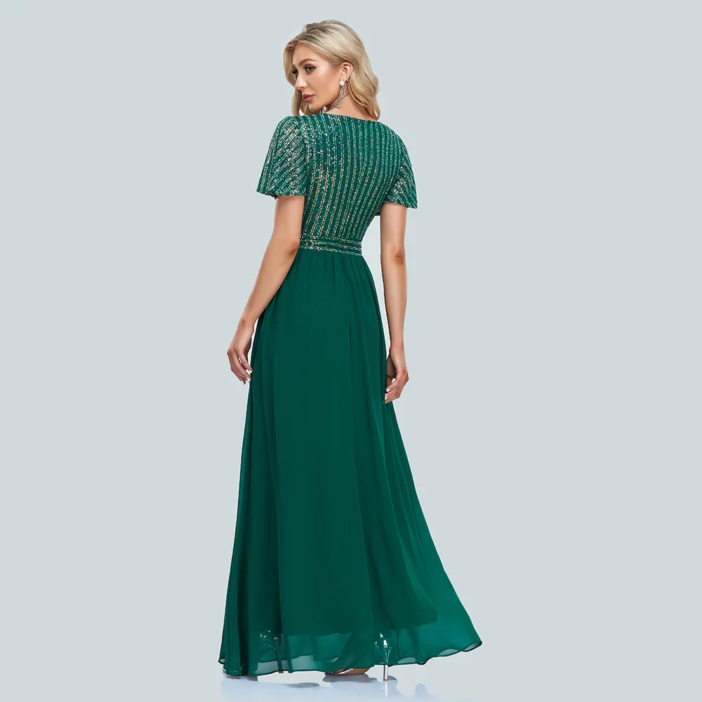 Formale Kleid Frauen Elegante V-ausschnitt Chiffon Sexy Prom Kleid Bodenlangen Abendkleid mit Kurzen Ärmeln