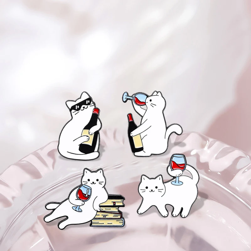 Cartoon white cat brooch, cat red wine, cute backpack, accessories, clothing decorations, zinc alloy badge