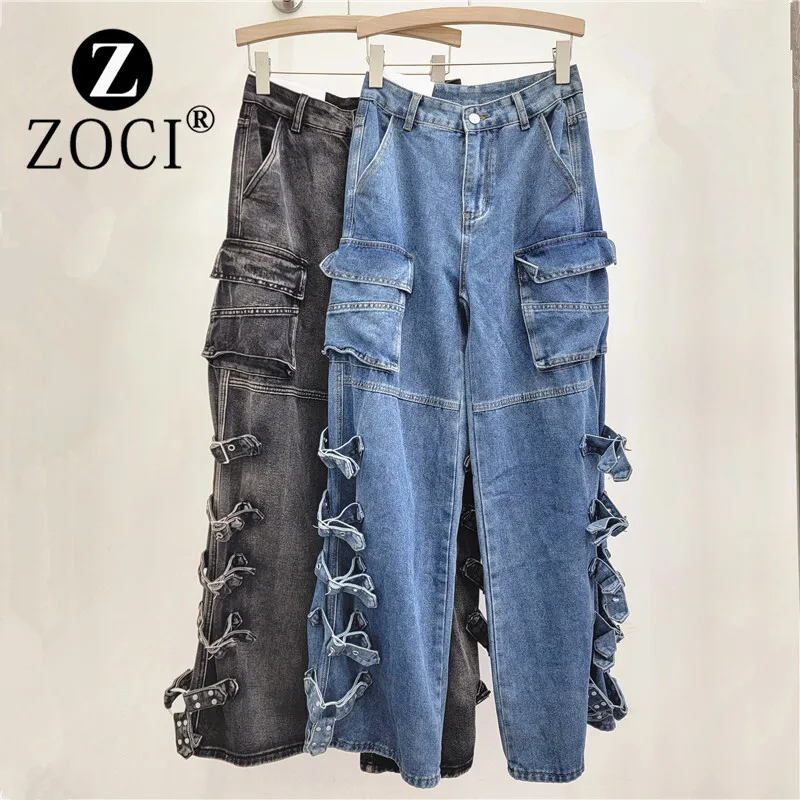 [zoci] Style Street Bombing Heavy Industry Side Tie Design Workwear Jeans Women's Autumn Loose Wide Pants Straight Leg