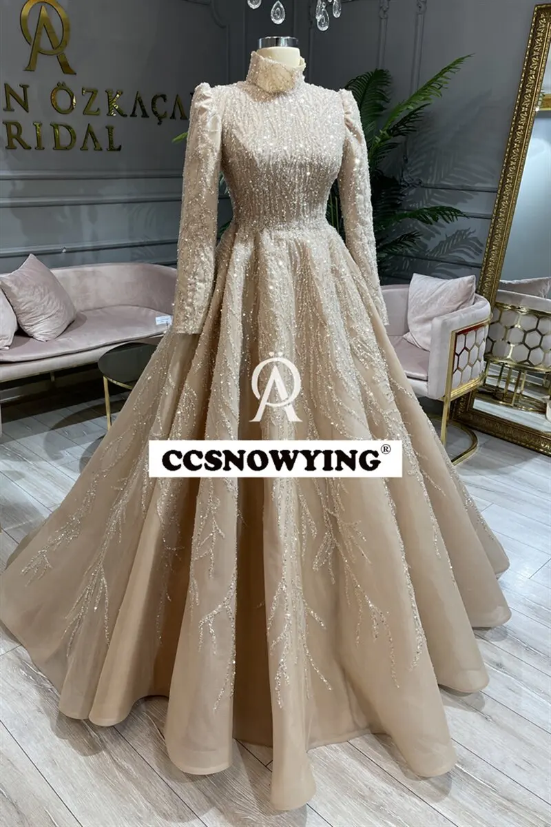 Luxury Organza Appliques Beaded Muslim Evening Dresses Long Sleeve Hijab Islamic Formal Party Gown Prom Dress Arabia Dubai Robe