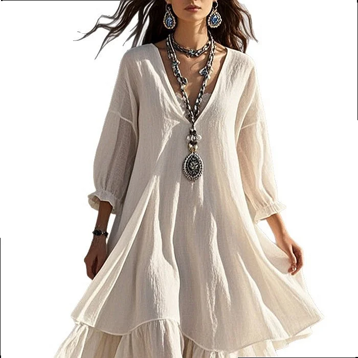 Pure Color V Neck Linen Dress, Casual Maxi Dresses for Women Spring Summer