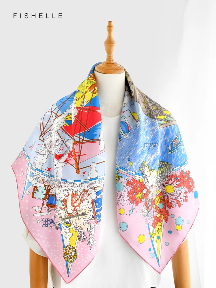 Pink sailboat myth 100% natural silk scarf square head scarves twill luxury gift women wrap bandana hijab shawl lady neckerchief