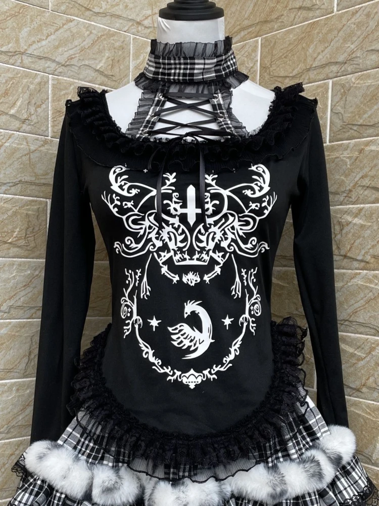 

2000-е Субкультура Темная Готика Японская Лолита Футболка с Длинным Рукавом Осень Harajuku Тонкие Повседневные Винтажные Футболки с Принтом Женский Корейский Топ