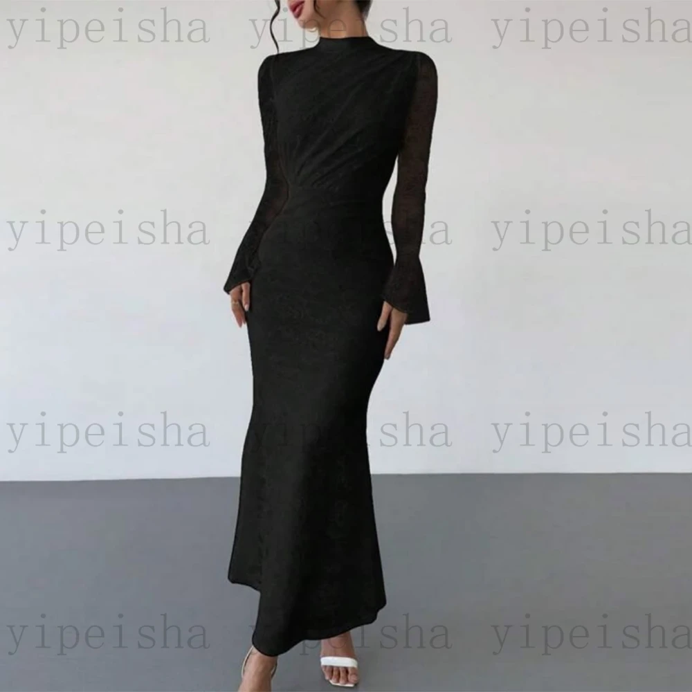 Abiti da sera personalizzati con collo alto e maniche lunghe alla caviglia, abito da ballo lungo in pizzo squisito, abito da festa moderno per signora