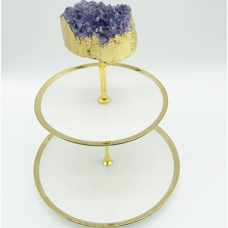 Nordic Light Luxury Purple Crystal Cluster Dried Fruit Plate Natural Rough Stone Gold Foil Decorative Tray for Living Room