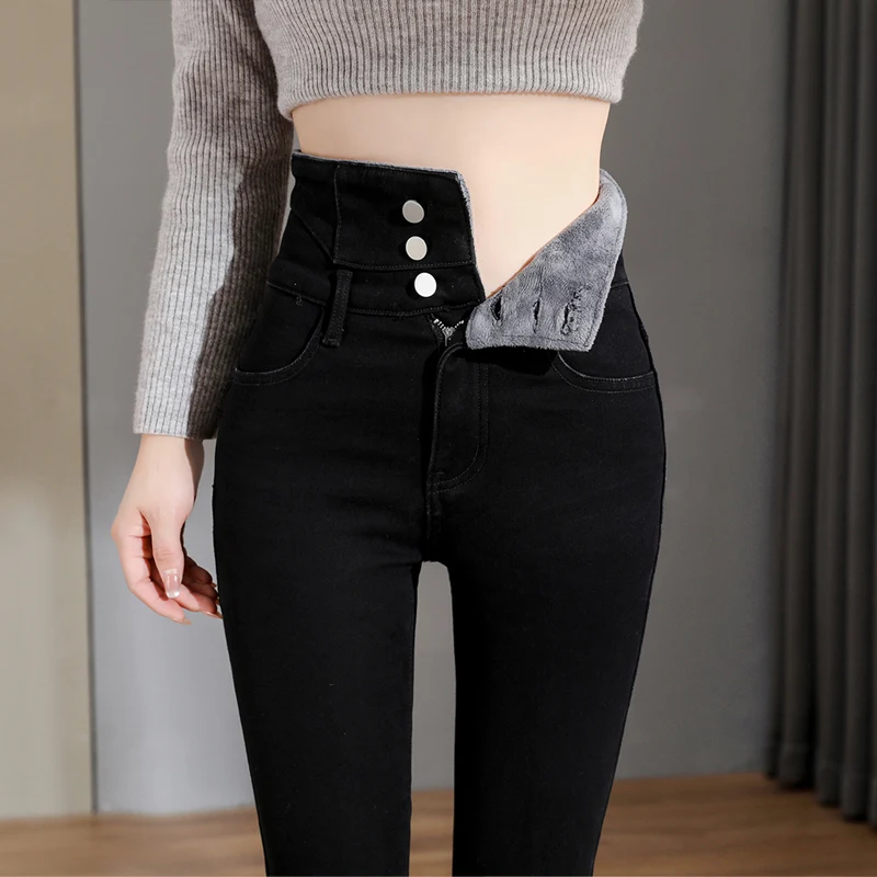 

Женские флисовые джинсы с высокой талией, зимние новые бархатные облегающие эластичные Утолщенные мягкие джинсовые брюки-карандаш с маленькими ногами