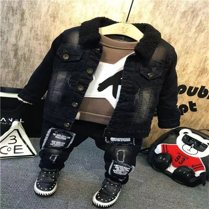 

New Children Kids Boys Clothing Sets Autumn Winter Baby Boys Fur Collar Denim Jacket + Sweater + Jeans 3Pcs Boys Clothes Set 2-7