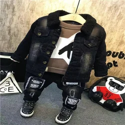 New Children Kids Boys Clothing Sets Autumn Winter Baby Boys Fur Collar Denim Jacket + Sweater + Jeans 3Pcs Boys Clothes Set 2-7