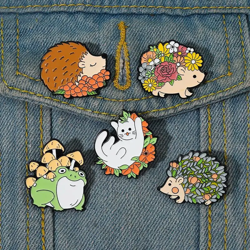 Pins Custom Hedgehog Cat Frog Mushroom Brooches Lapel Badges Cute Kawaii Jewelry Gift for Kids Friends Floral Animals Enamel