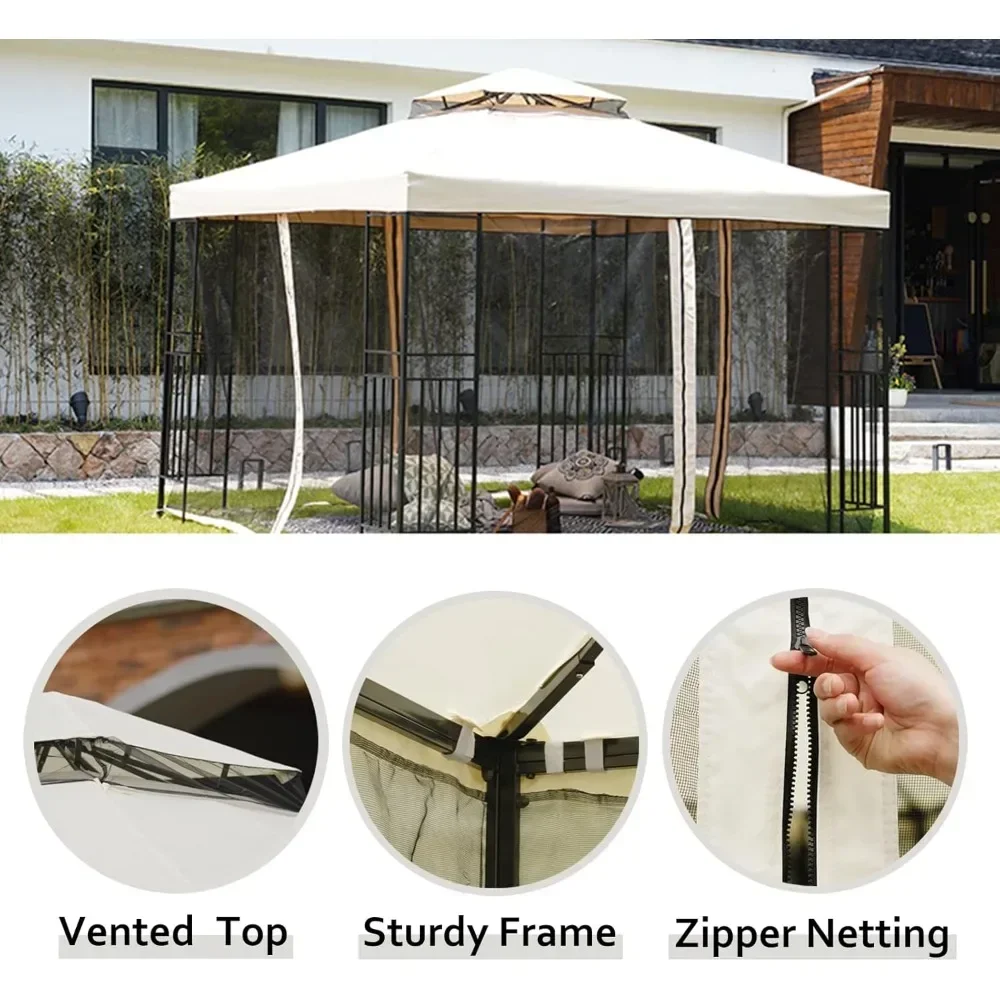 Gazebo 10X10 ft Outdoor Gazebos Clearance with Outside Mosquito Netting for Patio Deck Backyard Garden, Beige and Black