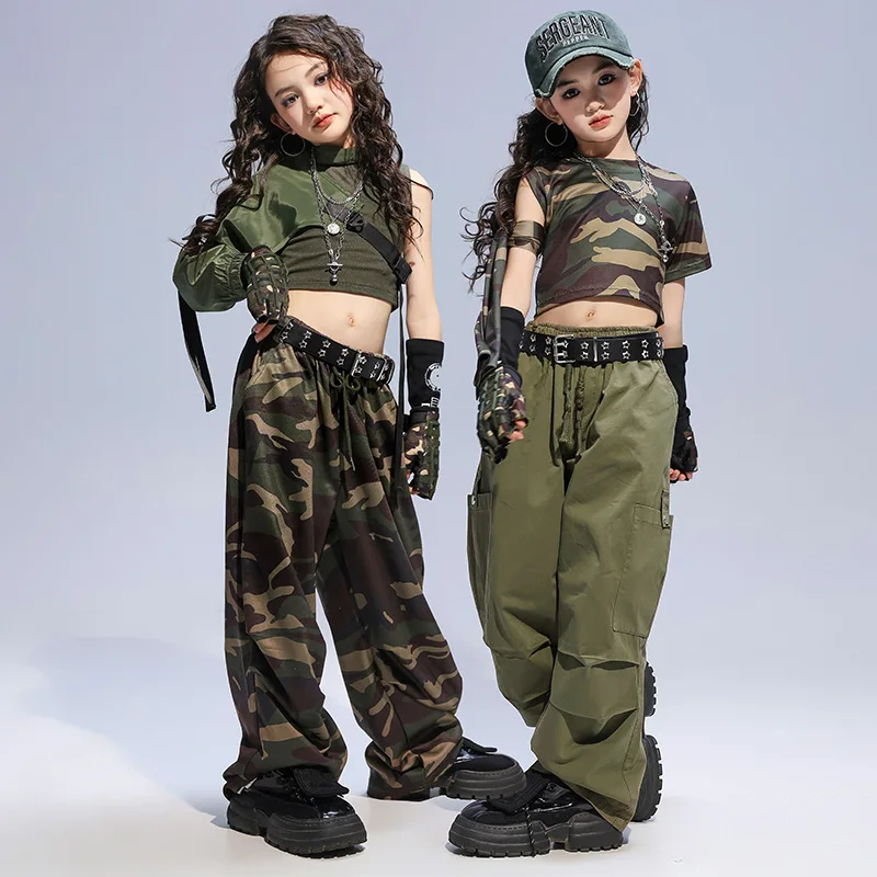 Mädchen Kpop Hip Hop Kleidung Camo Crop Top Hosen Jazz Dance Kostüm Grün Tank Top Shorts Street Dance Sets Bühne Tragen Kleidung