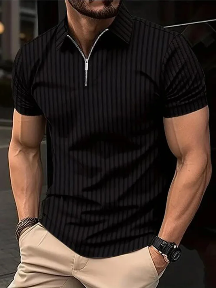 Summer Men Stripe Fashion Short Sleeve Lightweight Business Casual Polo Shirt Half Zip Solid Elastic Office Short Sleeve T-shirt image 4