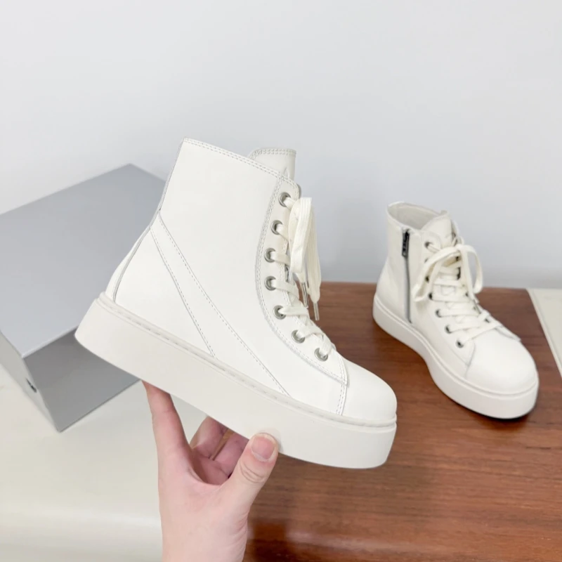The autumn winter new leather real French Vintage head round flat high top women shoes Wild up comfortable casial Single shoes Thick ankle boots raised laces