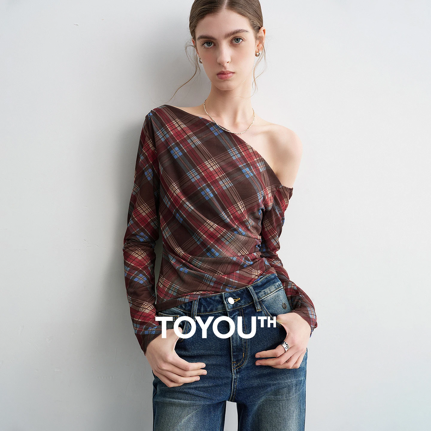 

TOYOUTH Women Plaid Mesh T - Shirts 2026 Spring New Cold Shoulder Boat Neck Hot Girl Slim Long - Sleeve Tops