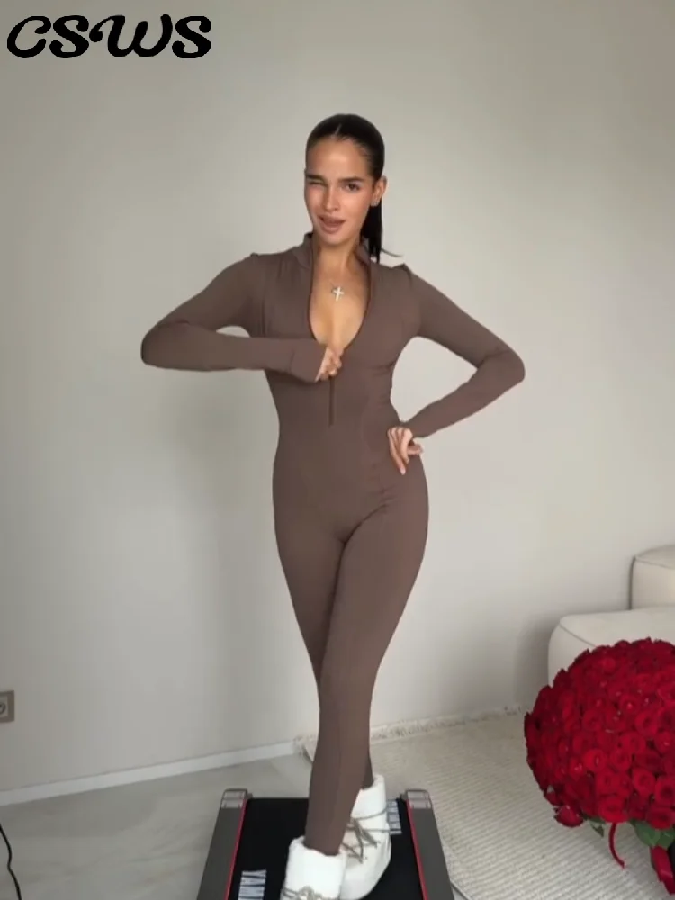 

Sexy Slim Women's Jumpsuits Full Sleeve Zippers O-Neck Lady Body Shaping Rompers 2025 Autumn Winter Elegant Female Jumpsuit