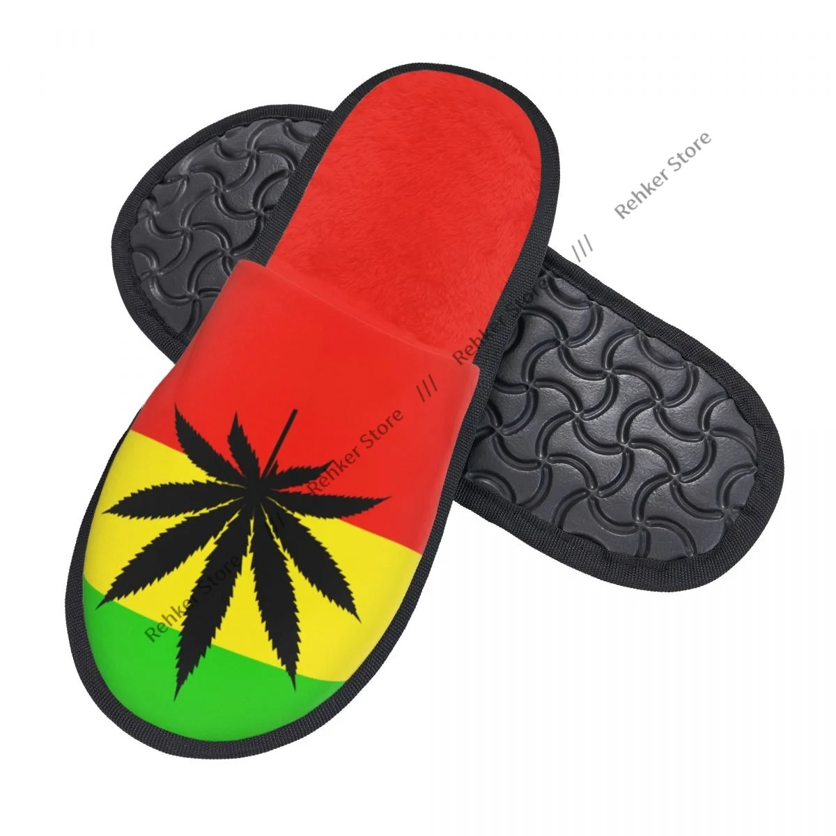 Soft Plush Cotton Rasta Flag With Leaf Slippers Shoes Non-Slip Floor Indoor Furry Slippers For Bedroom